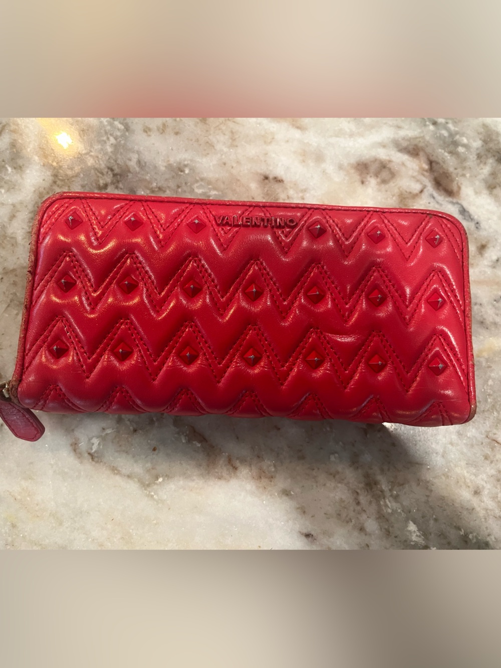 Valentino Red Quilted Zip-Around Leather Wallet with Stud Detail